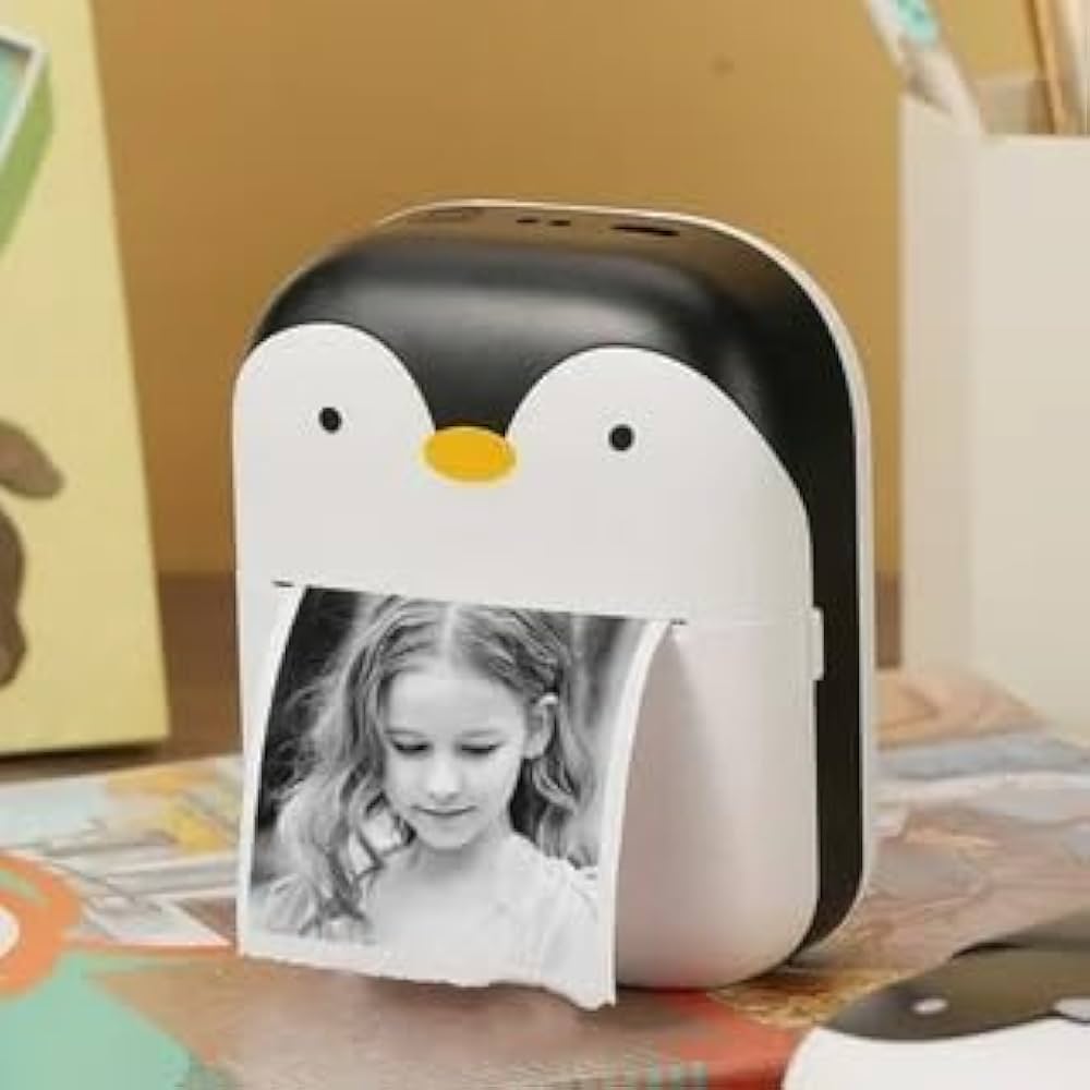 Mini Thermal Printer – Cute Penguin Design | Pocket Photo & Label Printer