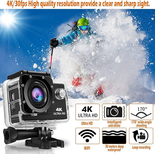 Cubonic 4K Waterproof Action Camera – 30fps Recording, 170° Wide-Angle Lens, 16MP Photos, WiFi, Live Streaming, Adventure Mounts
